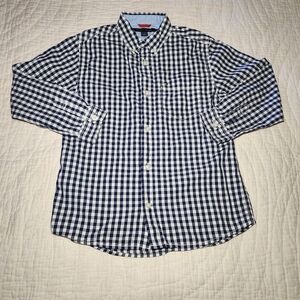 Tommy Hilfiger Shirt Boys Sz  7 Button Down Navy White Plaid Gingham Logo Cotton